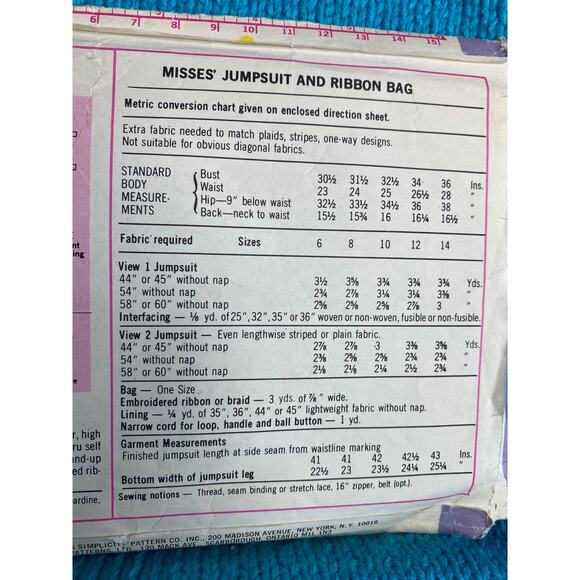 Simplicity 7423 Sewing pattern jumpsuit wide leg ribbon bag 1970s size 12 - Picture 4 of 4